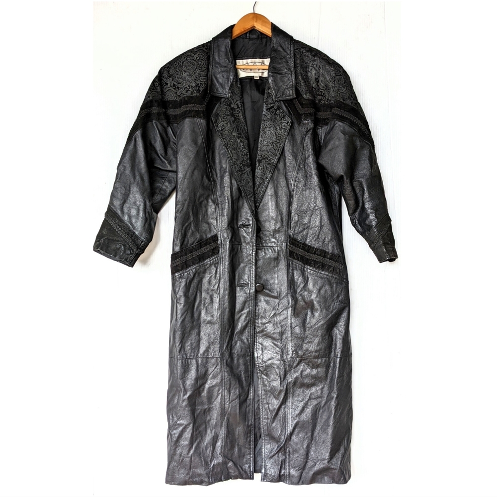 VINTAGE Winlit embossed paisley black leather longline trench coat